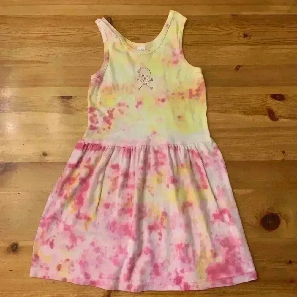 New! Tie dye Pink Yellow Summer Tank Dress skull Girls 8 Cotton - Picture 2 of 4